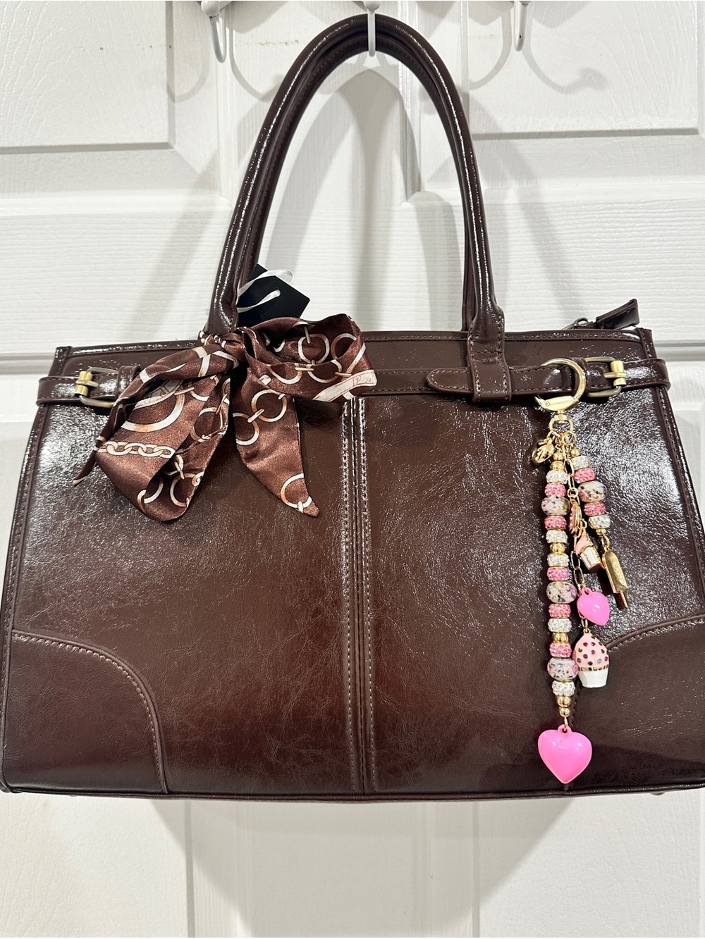 Patent Brown Satchel with Scarf and Pink Charm Detail